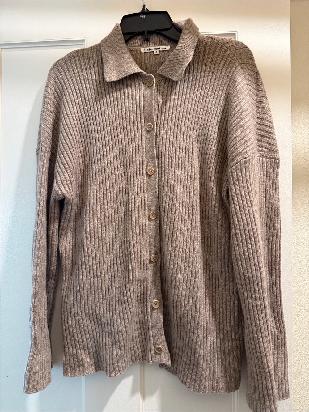 Reformation Taupe Ribbed Button-Front Cardigan